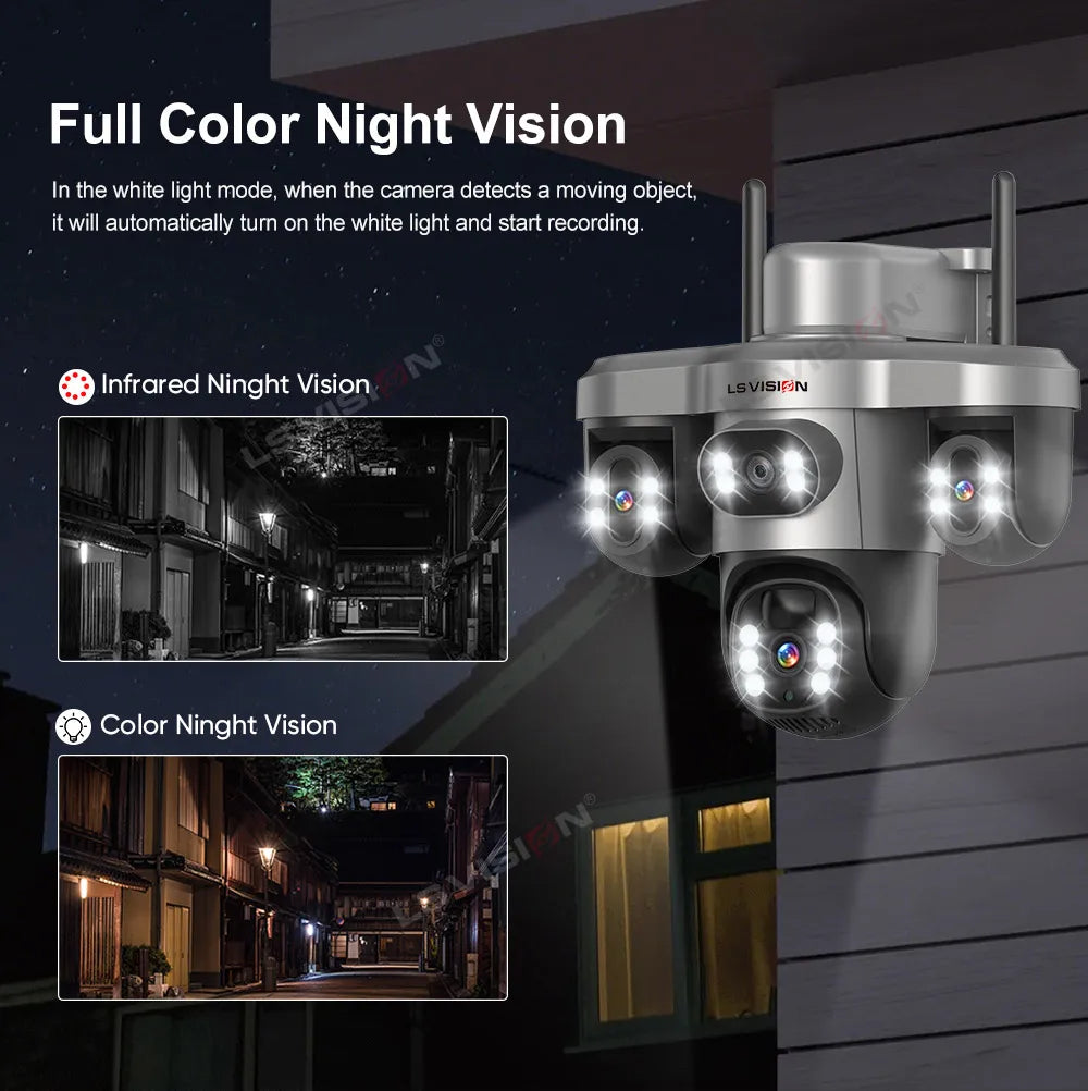 LS VISION Wireless WiFi Solar Camera Three Lens Three Screen 4G Sim Card Solar Cam Human Detection Outdoor Solar Surveillance