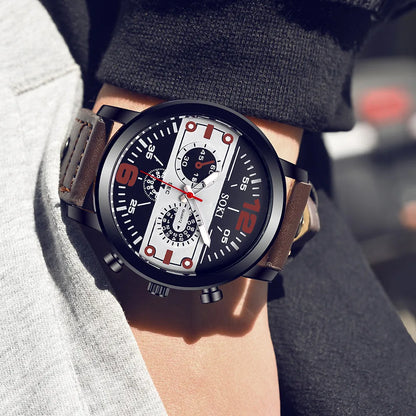 Sleek Men’s Watch Chic Brown Leather Band Quartz Watch Modern Black White Orange Three Eye Contrast Color Chronograph Wristwatch
