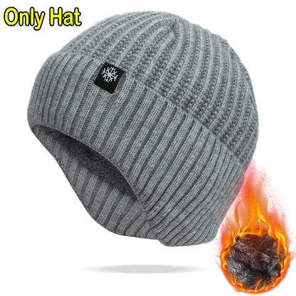 Outdoor Men Winter Knitted Hat Plush Warmth Peaked Cap Earmuff Casual Fashion Faux Fur Lined Bomber Hats Cycling Ear Protection