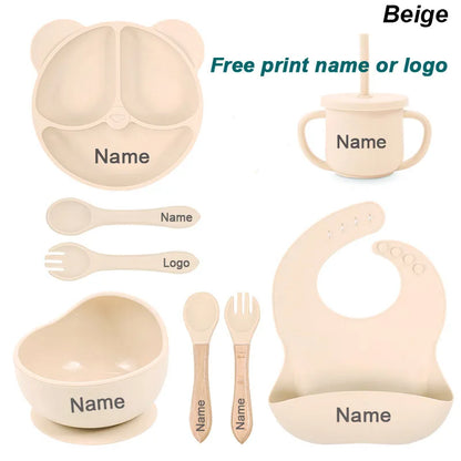 Feeding Set Silicone For Baby Sucker Bowl Dishes Plate For Kids Bear Plate Set Baby Tableware Children's Cup With Straw 8Pcs