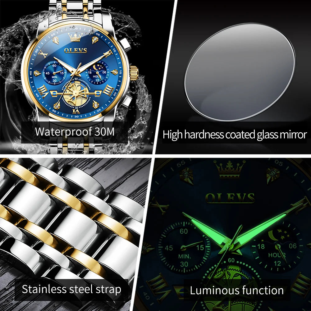 OLEVS Luxury Flywheel Design Couple Wristwatch Chronograph Waterproof Moon Phase Watch Brand Original Quartz Watch for Men Women