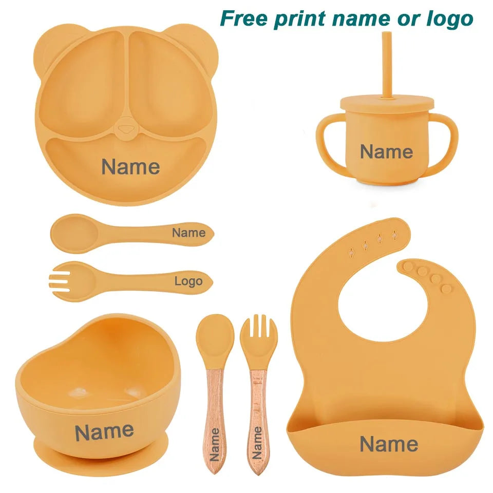 Feeding Set Silicone For Baby Sucker Bowl Dishes Plate For Kids Bear Plate Set Baby Tableware Children's Cup With Straw 8Pcs