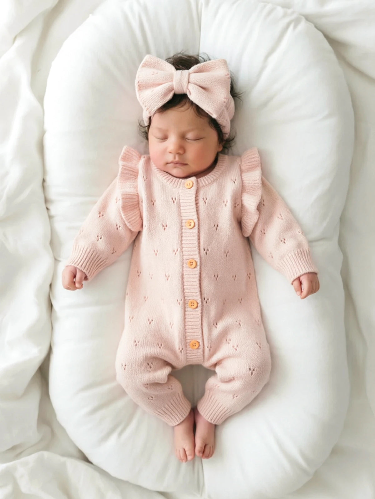 YlsteeeNewborn Baby Girl Knitted Romper Set with Bow Headband, Ruffle Sleeve Heart Knit Jumpsuit for 0-3M Photography Daily Wear