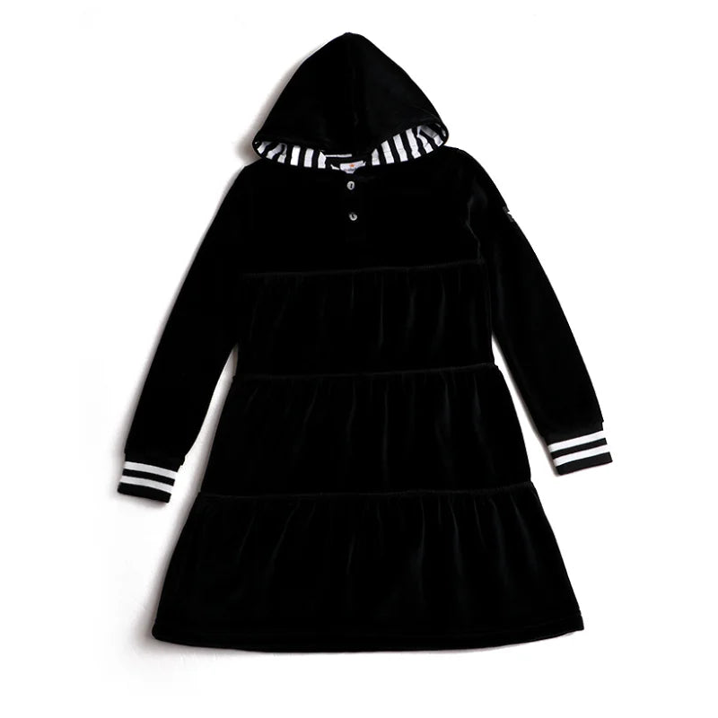 AA-Velour Hooded Set Tired Dress with Hooded Lining Striped Shirt and baby Footie Romper Ribbed Family Clothing Dress for Girls