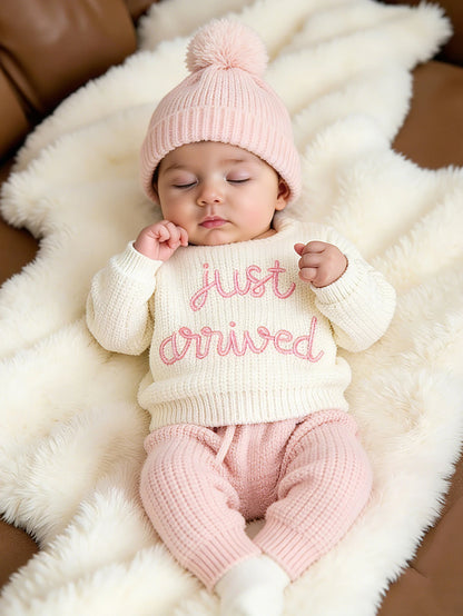 Ylsteed 3 Pcs Set Knitting Newborn Boy Photography Clothes "Just Arrived" Embroidery Khaki Baby Outfits Sweater Baby Shower Gift