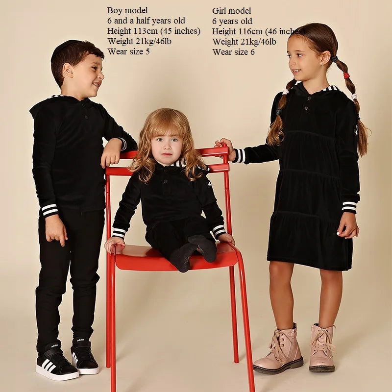 AA-Velour Hooded Set Tired Dress with Hooded Lining Striped Shirt and baby Footie Romper Ribbed Family Clothing Dress for Girls
