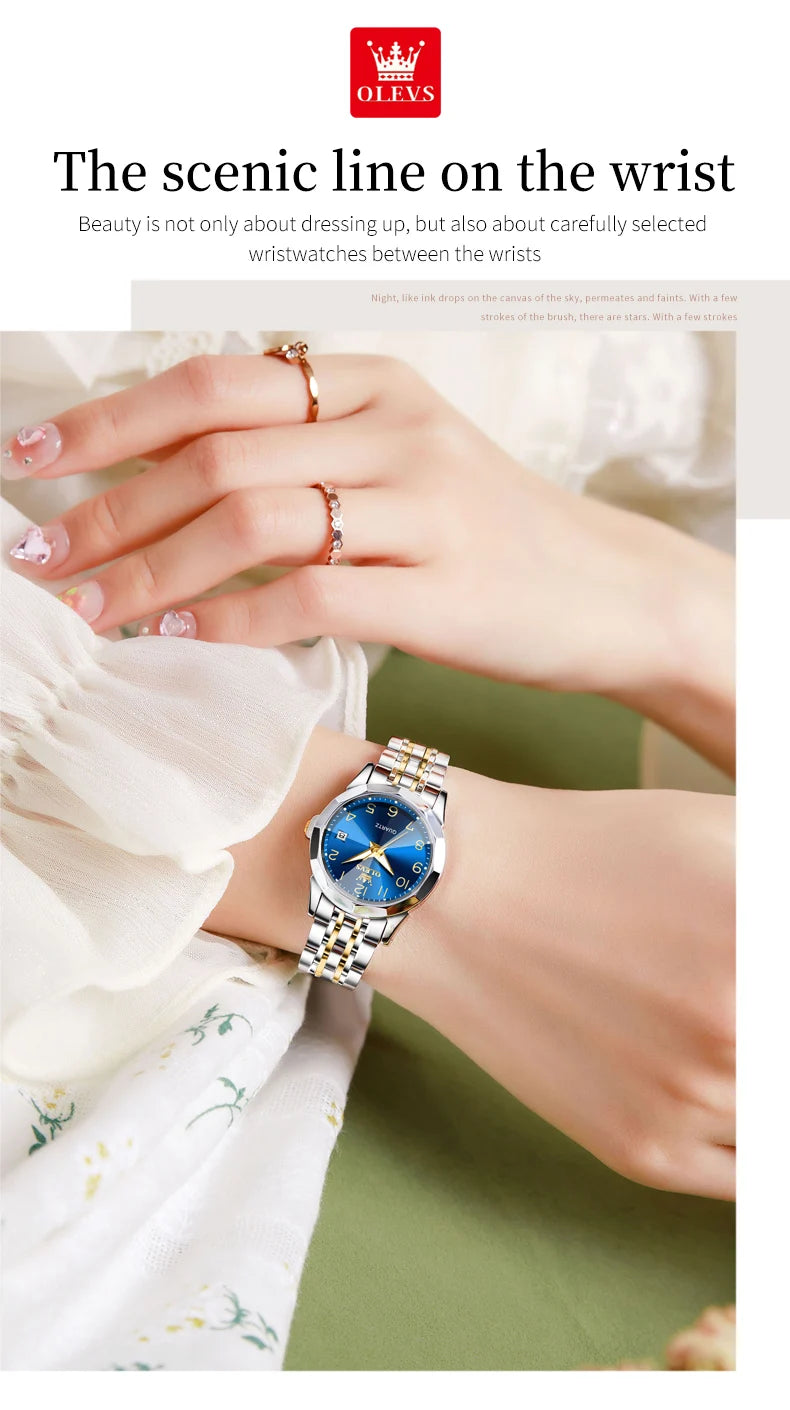 OLEVS 9970 Couple Watch For Men Women Luxury Number Dial Rhombus Mirror Quartz Hand Clock Stainless Steel Original Dress Watches