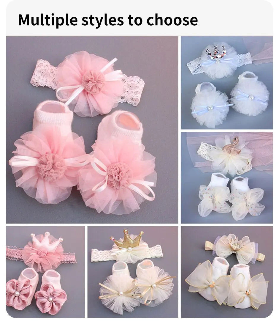 2 Pcs/Set Crown Baby Headband Socks Lace Bows Newborn Infant Girl Socks Hairband Set Kids Hair Accessories