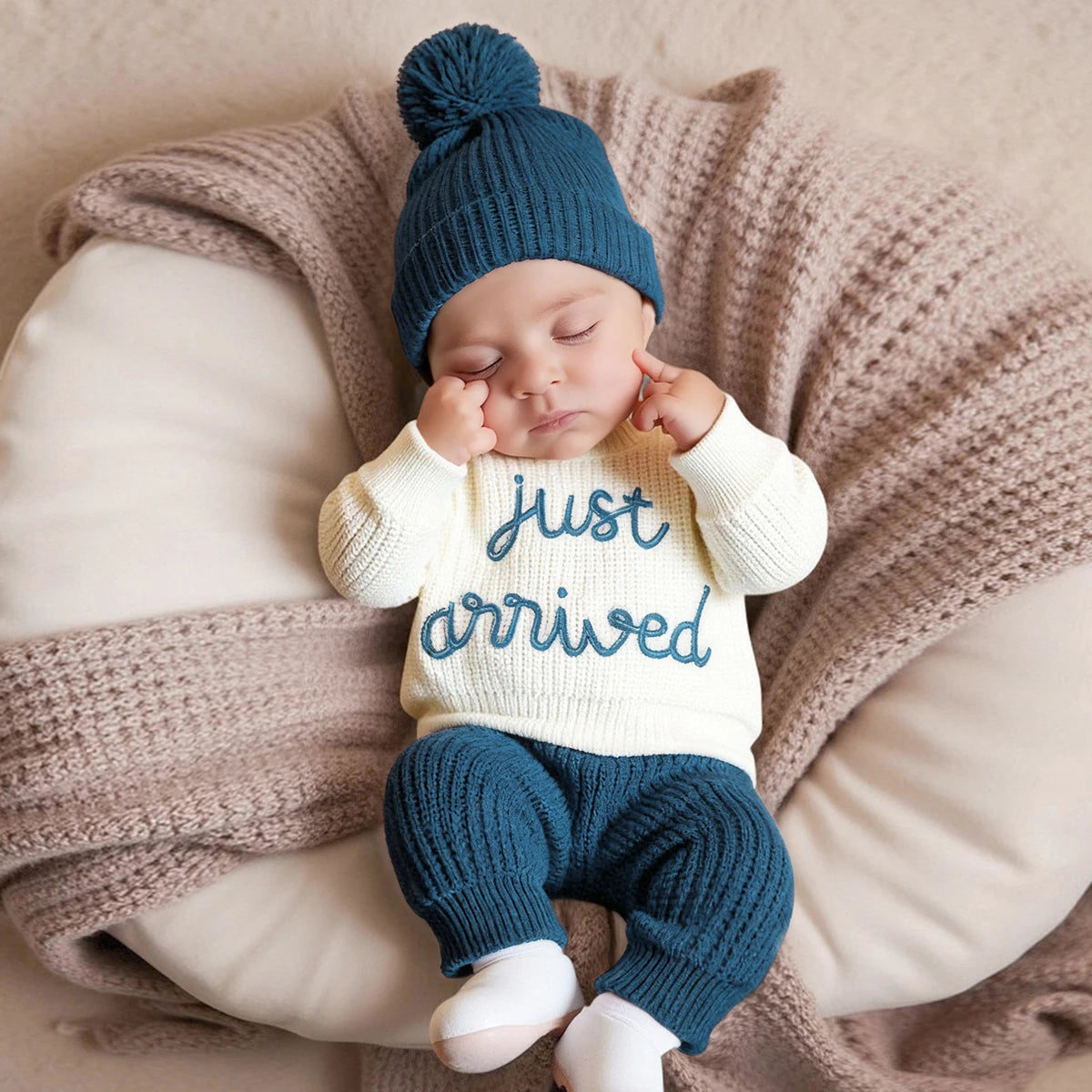Ylsteed 3 Pcs Set Knitting Newborn Boy Photography Clothes "Just Arrived" Embroidery Khaki Baby Outfits Sweater Baby Shower Gift