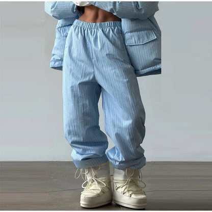 Street Striped Women's Cotton Coat Trouser Suits Hooded Zippers  Autumn Winter Thicken Lady Set 2026 Chic Female Outfits