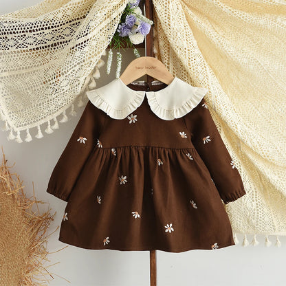 Sweet and Lovely Pink Baby Girl Doll Collar Long Sleeved Floral Princess Dress Korean Version Autumn New