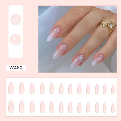Blue French 24 Pcs Press on Nails Pink Gradient Fake Nails Glossy Artificial Finger Manicure Reusable False Nails