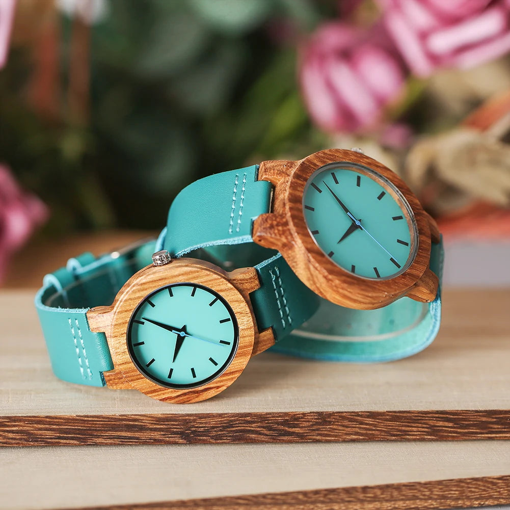 Unique Blue Genuine Leather Quartz Watch Men Women Fashion Minimalist Zebrawood Watch Case Couple Wristwatches Anniversary Gift