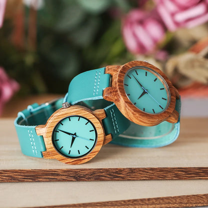 Unique Blue Genuine Leather Quartz Watch Men Women Fashion Minimalist Zebrawood Watch Case Couple Wristwatches Anniversary Gift