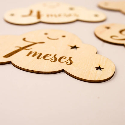 Spanish Alphabet Baby  Wooden Milestone Number Month Memorial Cards Items Cute Cloud Shape Newborn Photography Accessories Props