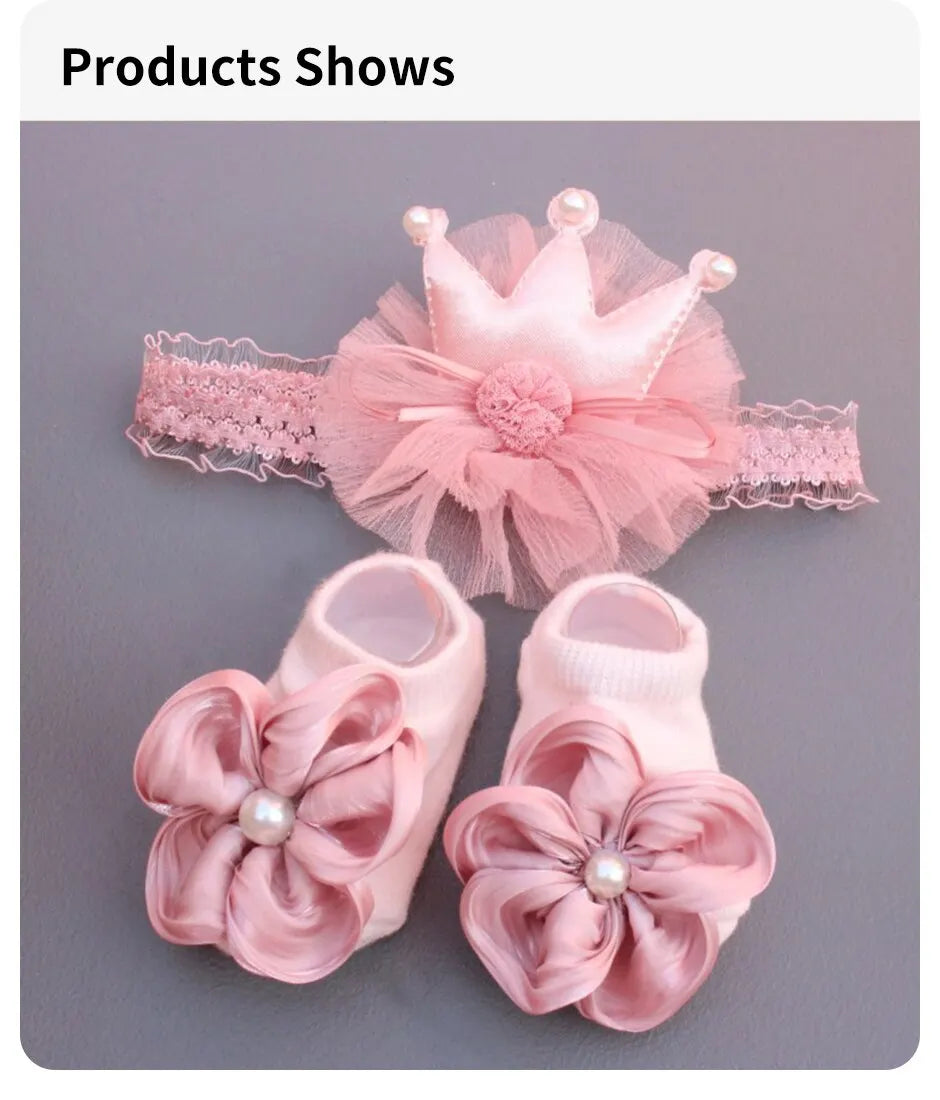 2 Pcs/Set Crown Baby Headband Socks Lace Bows Newborn Infant Girl Socks Hairband Set Kids Hair Accessories