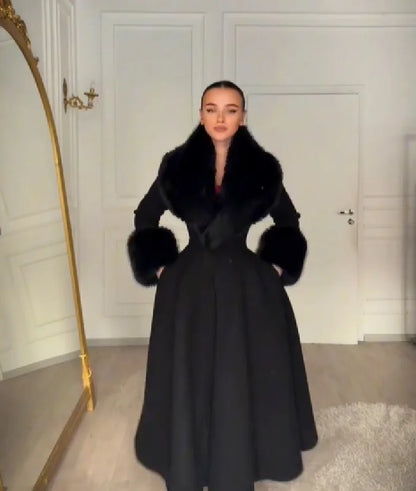 Women Wool Blend Coat Faux Fur Collar And Cuffs Fitted Waist Flared Maxi Silhouette Outerwear Winter Elegant Street Overcoat