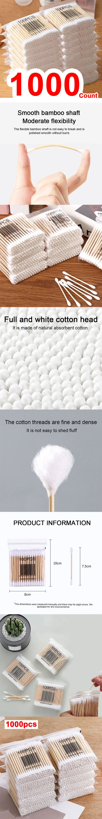 1000Count Cotton Swabs Cotton Swabs for Ears Double Round Bamboo Sticks Cotton Buds Suitable for Makeup and Cleaning HZM01