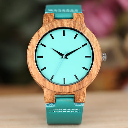 Unique Blue Genuine Leather Quartz Watch Men Women Fashion Minimalist Zebrawood Watch Case Couple Wristwatches Anniversary Gift