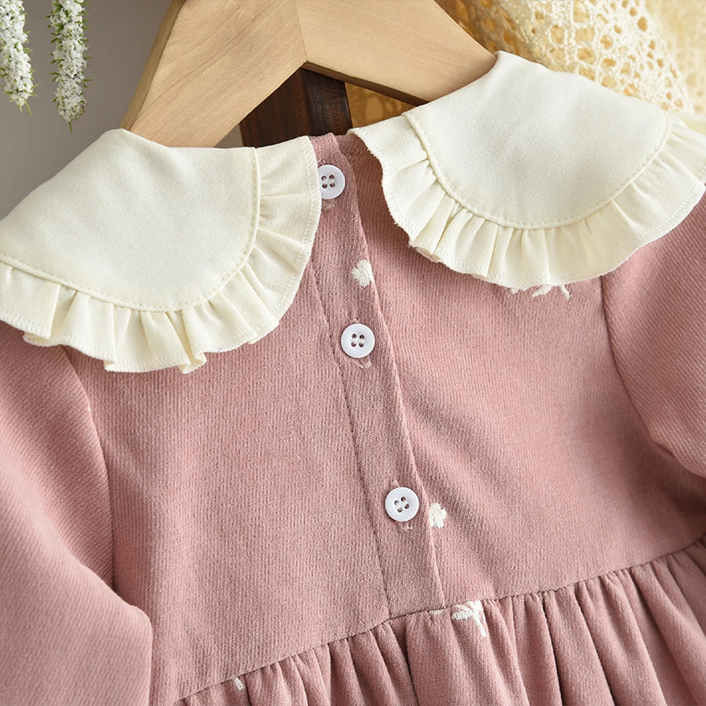Sweet and Lovely Pink Baby Girl Doll Collar Long Sleeved Floral Princess Dress Korean Version Autumn New