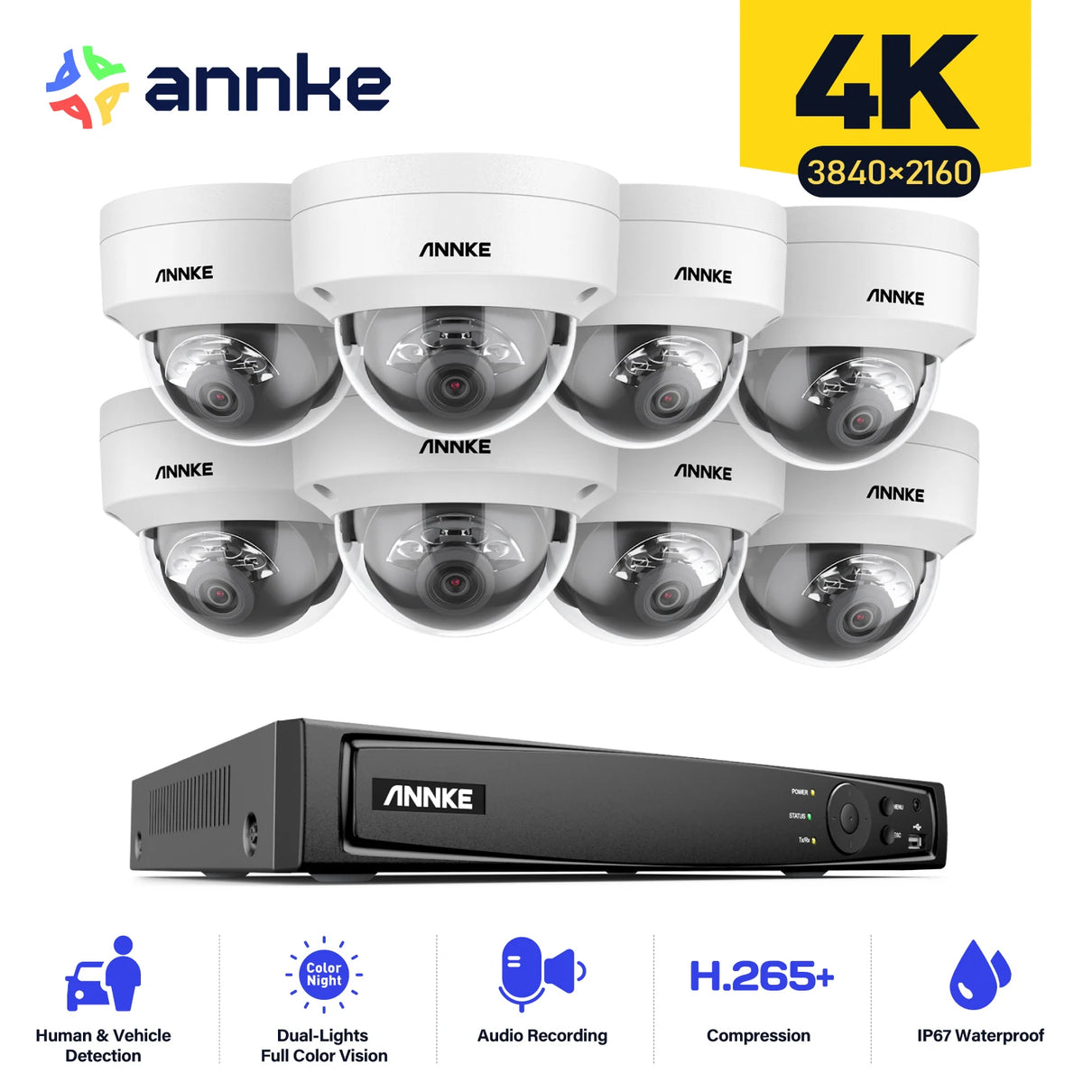 ANNKE 8CH 4K IP Camera Security System 265+ 8MP Poe Camera Two Way Audio Video Surveillance CCTV 4MM Lens Support 256G Card IP67