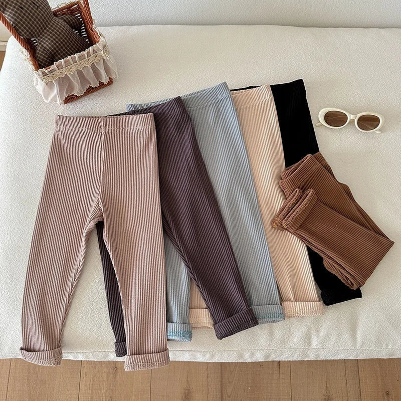 Children's Solid Color Leggings Cotton Ribbed Toddler Pants Versatile Inner Outer Wear Gender Neutral Kids Trousers