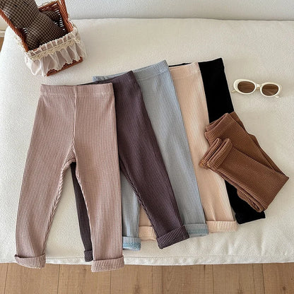 Children's Solid Color Leggings Cotton Ribbed Toddler Pants Versatile Inner Outer Wear Gender Neutral Kids Trousers
