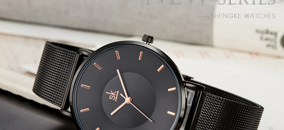 Shengke Fashion Black Watch for Women Classic Relogio Feminino Quartz Ladies Watch Woman Adjustable Mesh Strap Montre Femme