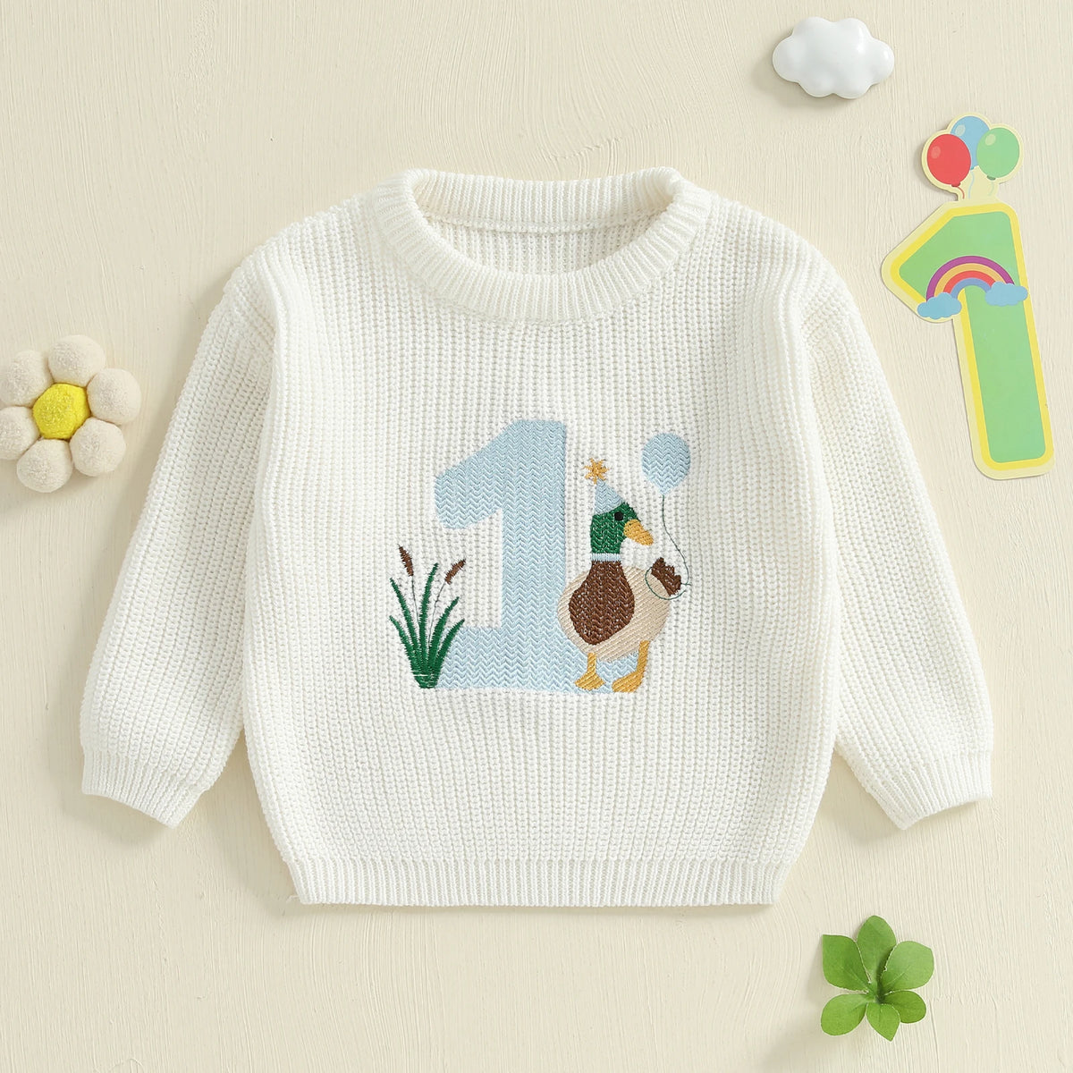 Baby Boy Birthday Sweater Casual Duck Letter Embroidery Infant Pullover Knitwear for Toddler Warm Clothes