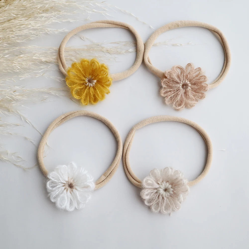 1.6in Woolen Flowers Baby Girls Nylon Headbands Kid Handmade Elastic Hairbands Children Hair Accessories Vintage Toddler Winter