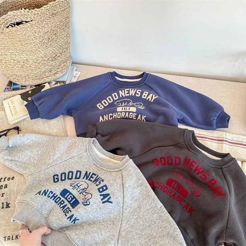 deer jonmi 2025 Winter Children Letter Printed Sweatshirts Thicken Warm Baby Boys Casual Fleece Lining Pullovers Tops