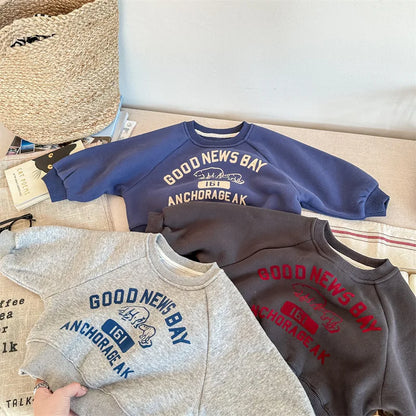 deer jonmi 2025 Winter Children Letter Printed Sweatshirts Thicken Warm Baby Boys Casual Fleece Lining Pullovers Tops