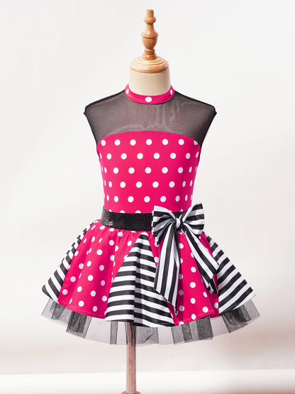 Girls Jazz Latin Ballet Dance Dress Polka Dots Print Mesh Sequin Bowknot Tutu Dress Birthdays Party Wedding Flower Girl Dresses