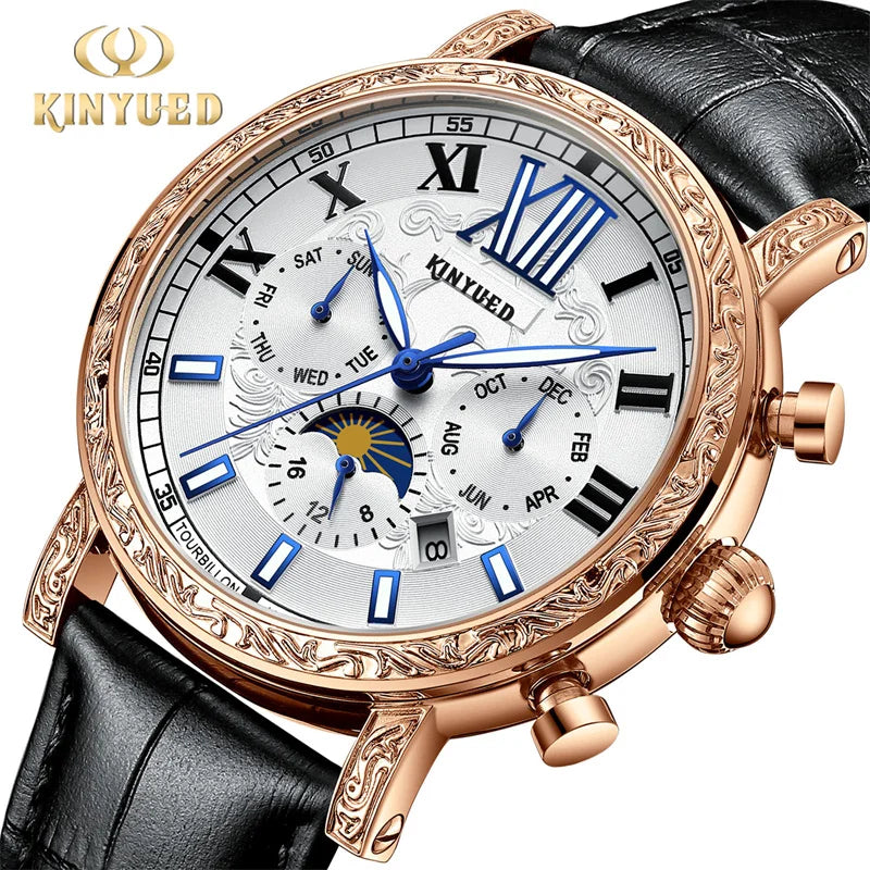 KINYUED Brand Luxury Men's Moon Phase Automatic Mechanical Watch Leather Strap Waterproof Week Date Casual Dress Wrist Watches