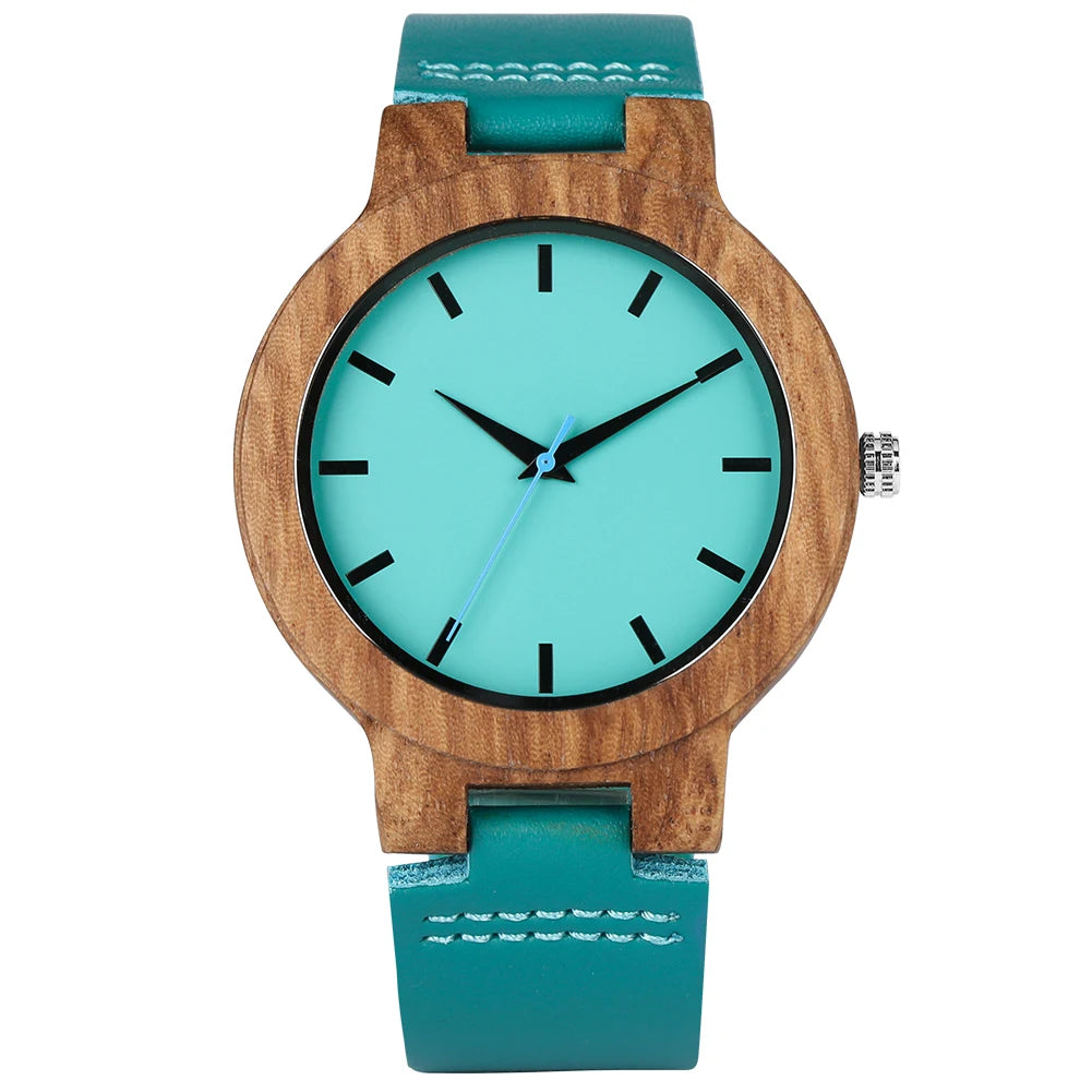 Unique Blue Genuine Leather Quartz Watch Men Women Fashion Minimalist Zebrawood Watch Case Couple Wristwatches Anniversary Gift