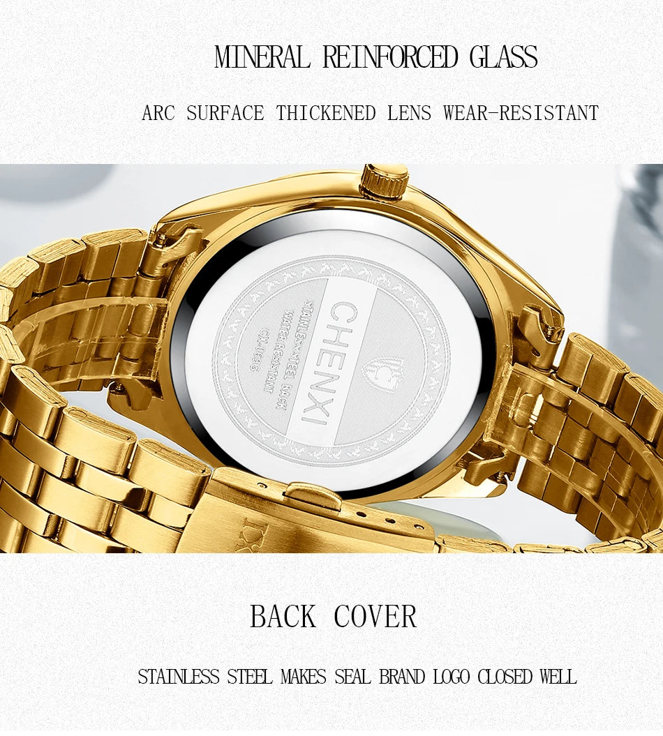 CHENXI Luxury Brand Casual Couple Watch Golden Stainless Steel Quartz Watch for Men's and Women's Waterproof Luminous Wristwatch