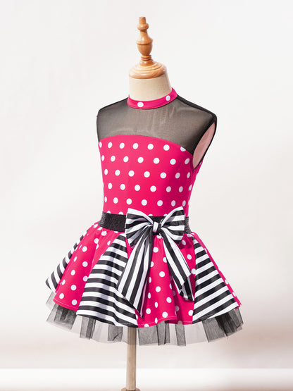 Girls Jazz Latin Ballet Dance Dress Polka Dots Print Mesh Sequin Bowknot Tutu Dress Birthdays Party Wedding Flower Girl Dresses