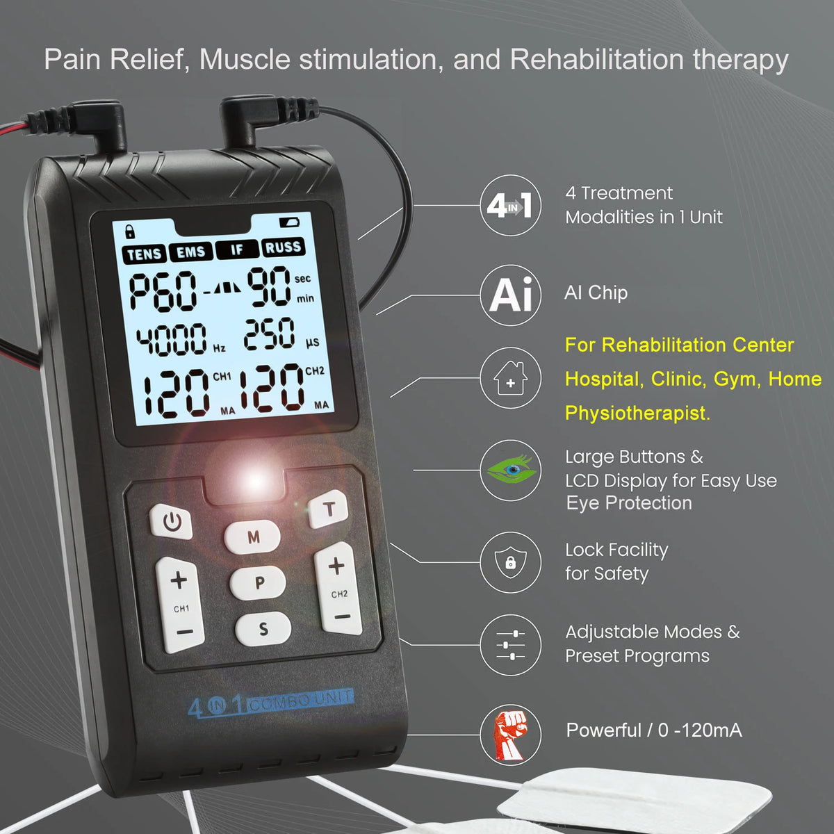 4-in-1 Electric Muscle Stimulator EMS Interferential High-Frequency Physiotherapy Device Electrostimulator for Muscle Relaxation
