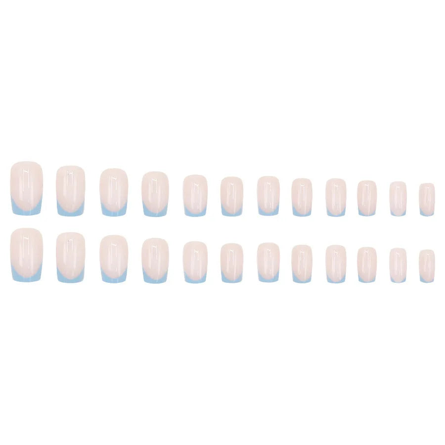 Blue French 24 Pcs Press on Nails Pink Gradient Fake Nails Glossy Artificial Finger Manicure Reusable False Nails