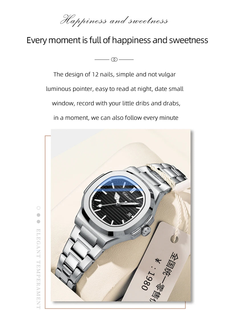 CHENXI 8222 Fashion Couple Quartz Watch Waterproof Night Light Date Stainless Steel Strap Casual Date Men's and Women's Watch