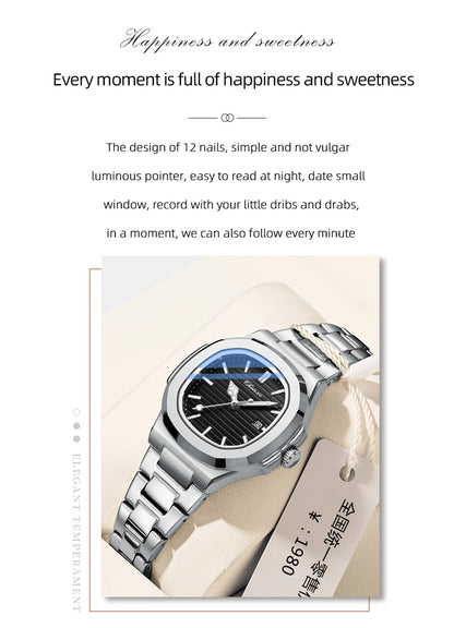CHENXI 8222 Fashion Couple Quartz Watch Waterproof Night Light Date Stainless Steel Strap Casual Date Men's and Women's Watch