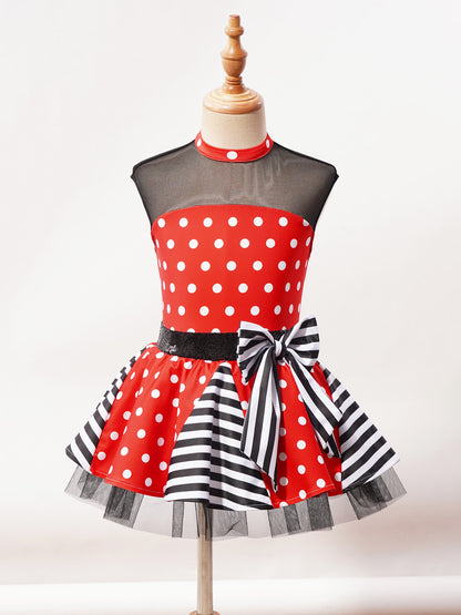 Girls Jazz Latin Ballet Dance Dress Polka Dots Print Mesh Sequin Bowknot Tutu Dress Birthdays Party Wedding Flower Girl Dresses