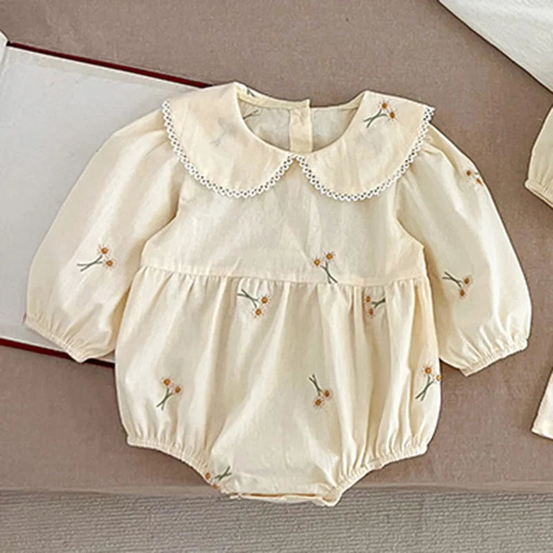 Spring 0-24M Baby Girl Clothing Toddler Baby Girl Romper Embroidery Flower Dots Cotton Romper White Infant Baby Girls Jumpsuit