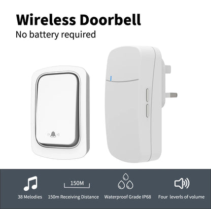 Self-Powered Wireless Doorbell, Household Anti-Theft Door Digital Music Chime Remote Control for Elderly Person's Call Device