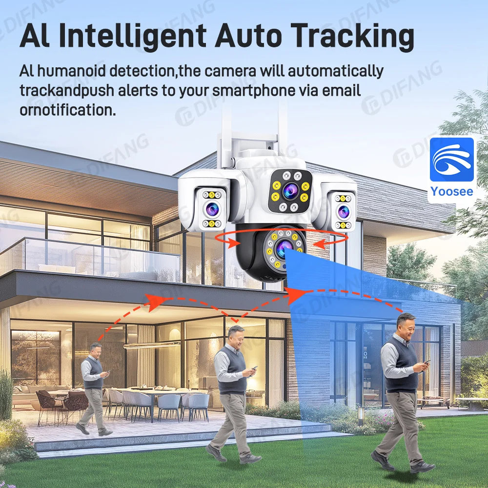 Yoosee 15MP WIFI Security Camera Outdoor AI Human Tracking 3 Lens 3 Screens 360° PTZ Surveillance Full Color Night Vision CCTV