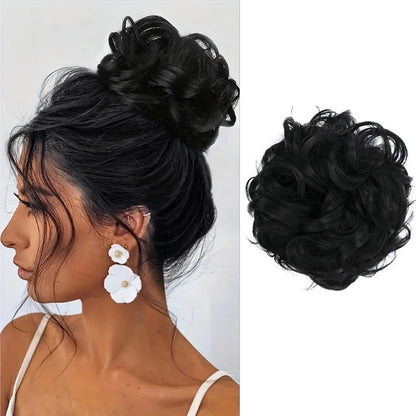 Dark Gray Big Hairpiece Scrunchy Updo Bridal Hairstyle Curly Synthetic Messy Bun