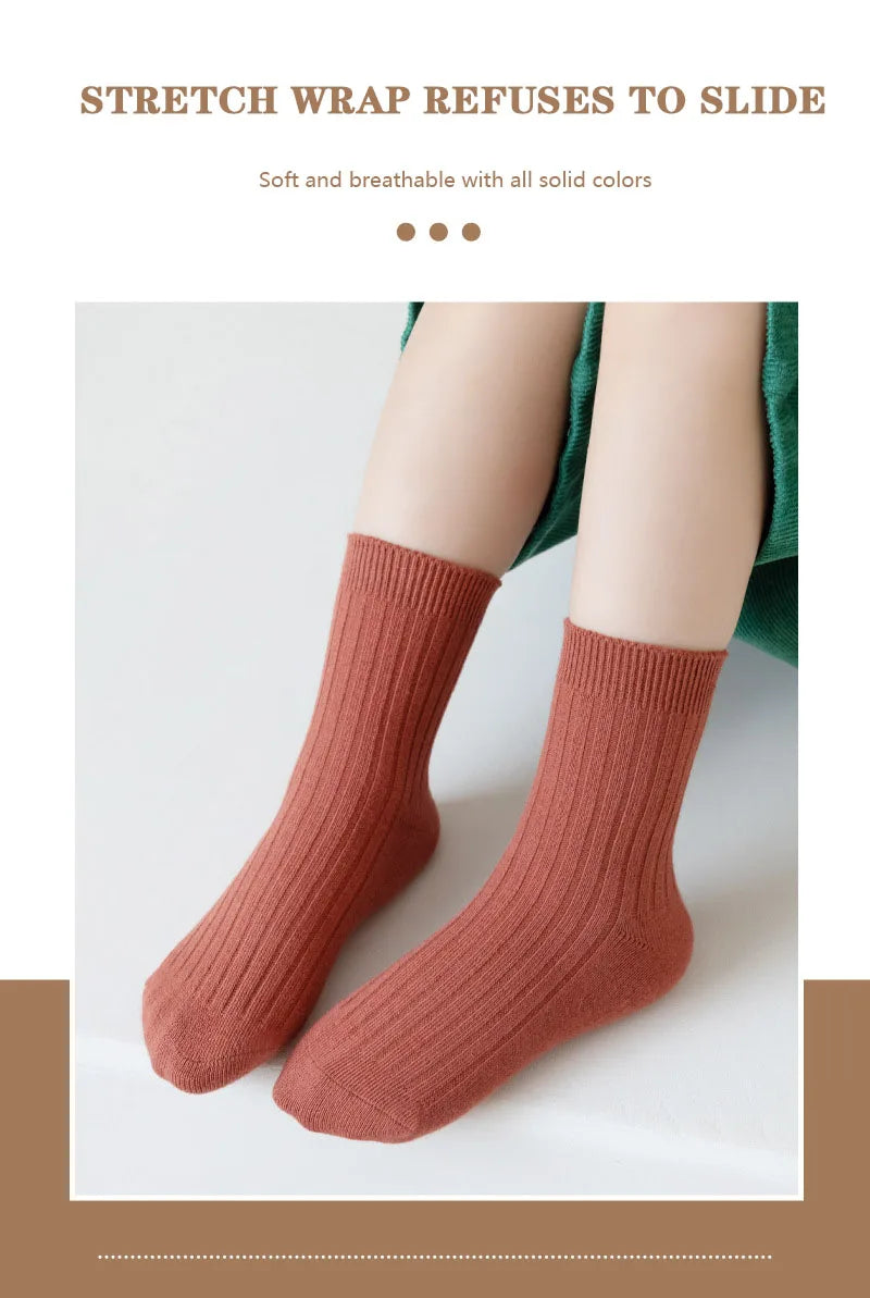 5 Pairs/Lot Children'S Socks Set Solid Color Double Needle Cotton Kids Mid-Tube Socks Candy Color Boys And Girls Student Socks