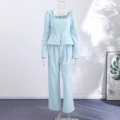 Casual Solid Woolen Top Pants Set Women Puff Full Sleeve Closed Waist Blouse Straight Trousers Sets 2026 Autumn Winter Lady Suit
