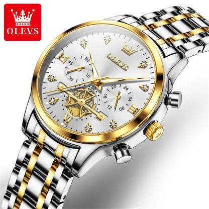 OLEVS Luxury Flywheel Design Couple Wristwatch Chronograph Waterproof Moon Phase Watch Brand Original Quartz Watch for Men Women