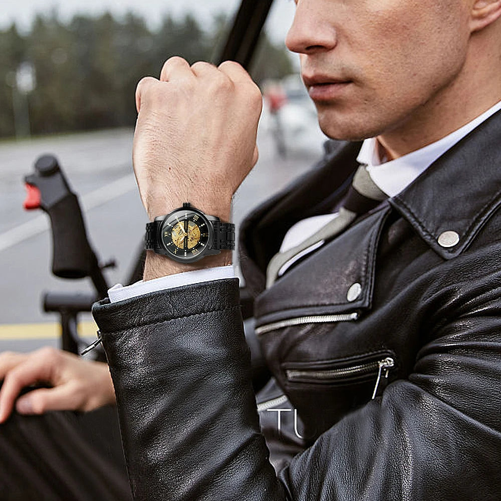 Fashion Skeleton Watch for Men Luminous Hands Iced Out Dial Stainless Steel Strap Business Classic Automatic Mechanical Watches